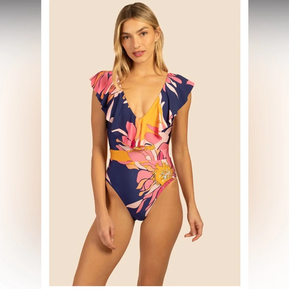 Trina Turk Breeze Ruffle Plunge One-Piece Swimsuit, Retro Multi-Color NWT - Picture 2 of 15
